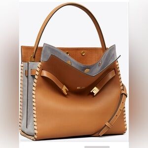 Tory Burch Tan Leather Tote with Gray Suede Trim